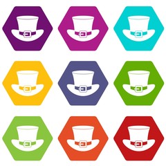 Top hat with buckle icon set color hexahedron