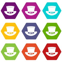 Top hat with buckle icon set color hexahedron
