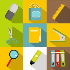 Stationery symbols icon set, flat style
