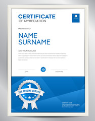 certificate template vector illustration, diploma layout in a4 size, business flyer design, advertisement, printing, achievement, Appreciation, corporate event, blue polygon background