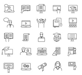 Online education and learning line icons set. Study online web 