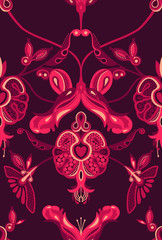 Vector seamless decorative pattern with pomegranate fruits and abstract garnet flowers