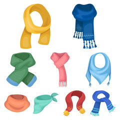 Beautiful woolen, silk-colored warm scarves of shawls. scarves and shawles icon in set collection on cartoon style vector symbol stock illustration. © pandavector