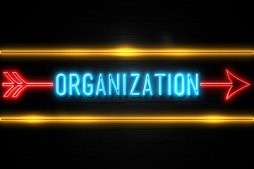 Organization  - fluorescent Neon Sign on brickwall Front view