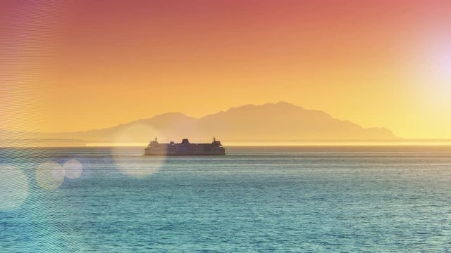 4K Ferry Boat Silhouette on Open Ocean, Orange Sky Sunset, Blue Water