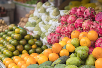 Fruit stall with different types and other fruits at Chow Kit market, Malaysia.
