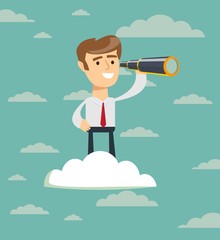 businessman with telescope on cloud . Business Vision Concept. Stock flat vector illustration.