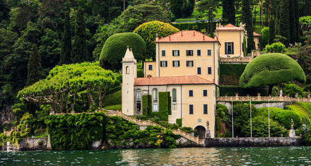 The Villa Del Balbianello in a view from cruise ship on Lake Como, Italy, Europe