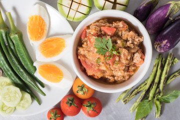 Thai Northern food (Nam Prik Ong) with vegetables and boiled egg,spicy tomato with pork,red chili dip,NorthernThai dipping sauce