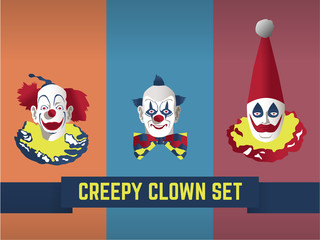 Set of 3 creepy scary clown man heads on dull background color, retro style, Halloween concept.