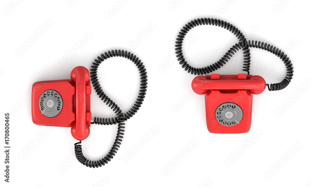 Poster 3d rendering of an old-fashioned rotary phone in top view on white background.