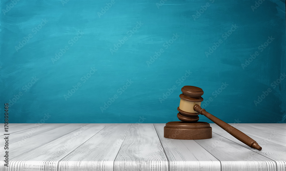Poster 3d rendering of a brown wooden judge gavel and sound block lying on a wooden table against blue back