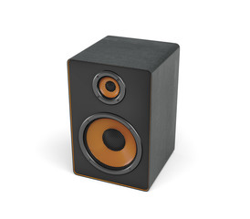 Obraz premium 3d rendering of a large black stereo box with two round speakers on white background.