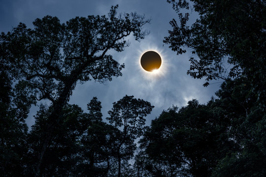 Fototapeta Scientific natural phenomenon. Total solar eclipse with diamond ring effect.