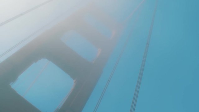 Wide low angle view of Golden Gate bridge in the fog