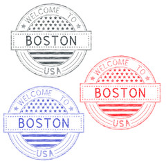 Obraz premium Welcome to Boston, USA. Tourist colored stamps with US national flag