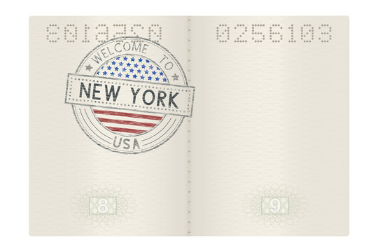Passport pages with Welcome to New York stamp. Tourist colored sign