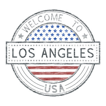 Welcome to Los Angeles, USA. Colored tourist stamp with US national flag