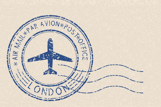Blue air mail postmark with LONDON title on beige background