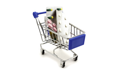 Shopping cart full of pills (isolated on white)