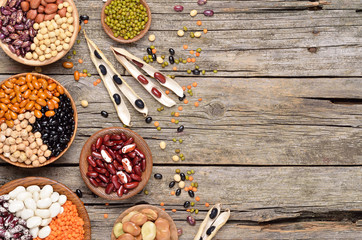 Various dried legumes in bowls on a wooden table. Copyspace background.Top view.
