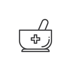 Mortar and pestle with medical cross line icon, outline vector sign, linear style pictogram isolated on white. Medicine symbol, logo illustration. Editable stroke
