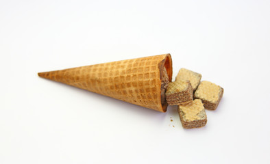 Ice cream cones and Wafers with chocolate isolated on white background.