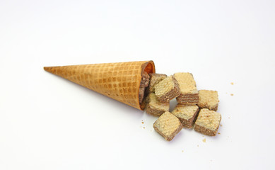 Ice cream cones and Wafers with chocolate isolated on white background.