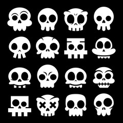 Halloween vector cartoon skull icons, Mexican white cute sugar skulls design set, Dia de los Muertos on black background
