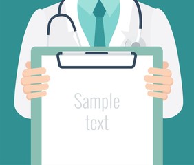 Close-up of a male doctor with lab coat in his office holding a clipboard. Vector illustration