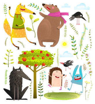 Wild Funny Forest Objects and Animals Set