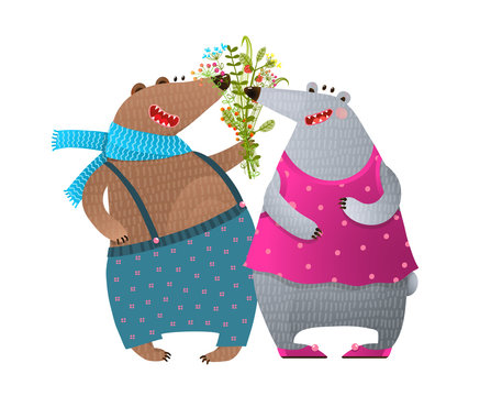 Bear Couple Presenting Bunch of Flowers