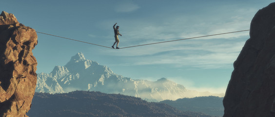 Young man walking in balance - obrazy, fototapety, plakaty