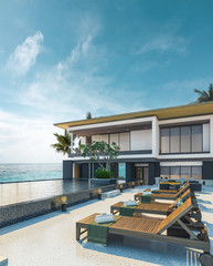 Sea view swimming pool in modern loft design,Luxury ocean Beach house - obrazy, fototapety, plakaty