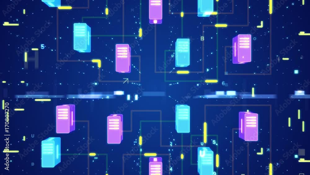 Poster 3d rendering of a computer transfer of information through condencator looking blocks with a network
