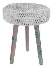 Handmade stool in gray with blue pattern with white material.