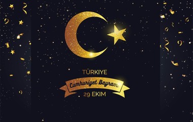 Obraz na płótnie Canvas 29 ekim Cumhuriyet Bayrami, Republic Day Turkey. Greeting card with golden sparkling emblem and confetti. Vector illustration