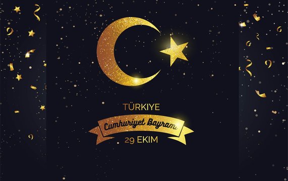 29 ekim Cumhuriyet Bayrami, Republic Day Turkey.  Greeting card with golden sparkling emblem and confetti.  Vector illustration