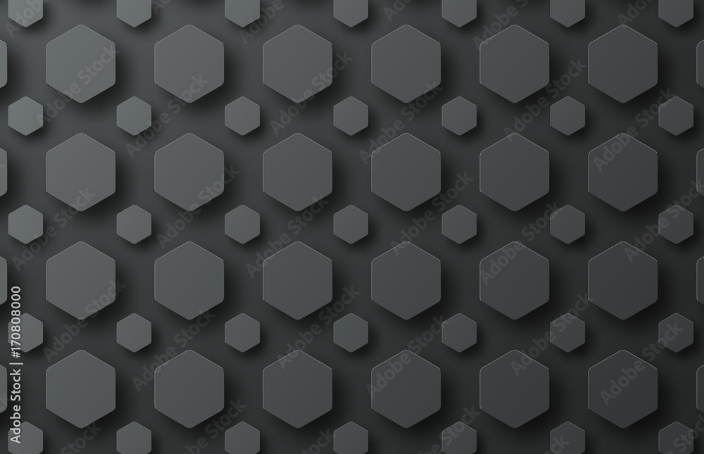 Poster design of a black vector background with hexagons of various sizes