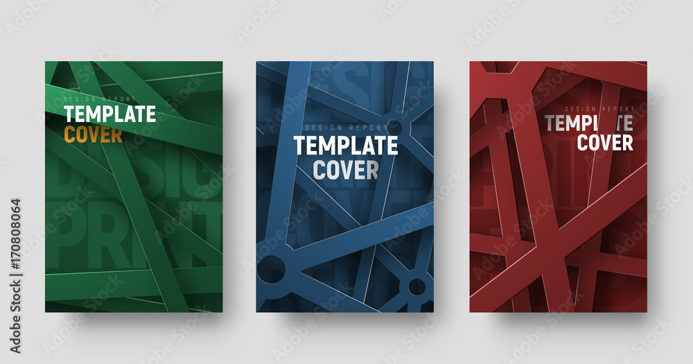 Aufkleber set of vector multicolored covers in a futuristic style with intersecting abstract lines and text between them