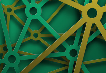 Design of a vector background with cascading green and yellow metal stripes, parts of the network