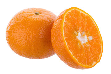 Half orange fruit on white background, fresh and juicy