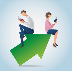 man and woman reading book sitting on the arrow icon vector, concept of education illustration