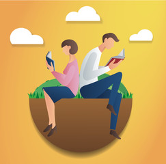 man and woman sitting in the park and reading book 