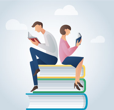 man and woman reading books sitting on many books vector illustration