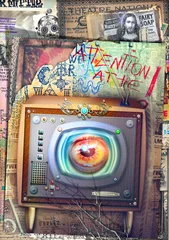 Keuken spatwand met foto Grote broer. Graffiti en collage met sci-fi en steampunk televisie © Rosario Rizzo