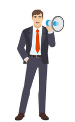 Businessman with loudspeaker and with hand in pocket