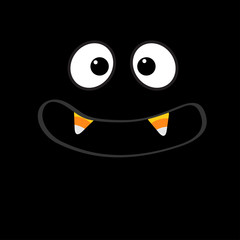 Scary face emotions. Big eyes, mouth with candy corn Vampire tooth fang. Happy Halloween. Baby Greeting card. Flat design style Black background.