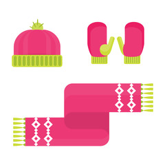 Flat design vector illustration set of winter accessory icon. Warm winter clothes, shoes, hat, scarf. Active leisure and lifestyle in cold season, in mountains, in north. Isolated on white background.