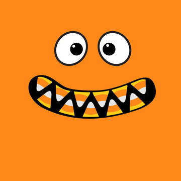 Scary monster face emotions. Vampire tooth fang. Big eyes, mouth with candy corn teeth. Happy Halloween. Baby Greeting card. Flat design style . Orange background.